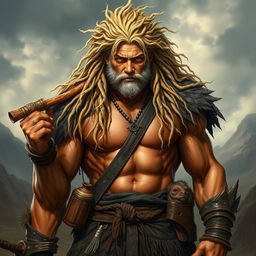 A powerful warrior named Vorath stands confidently, showcasing a robust, muscular physique sculpted by countless battles