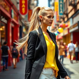 A beautiful woman walking confidently down a vibrant street