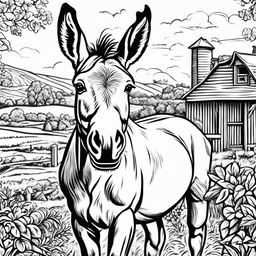 Black and white colouring book page featuring intricately detailed happy donkey on a farm, with a barn in the background.