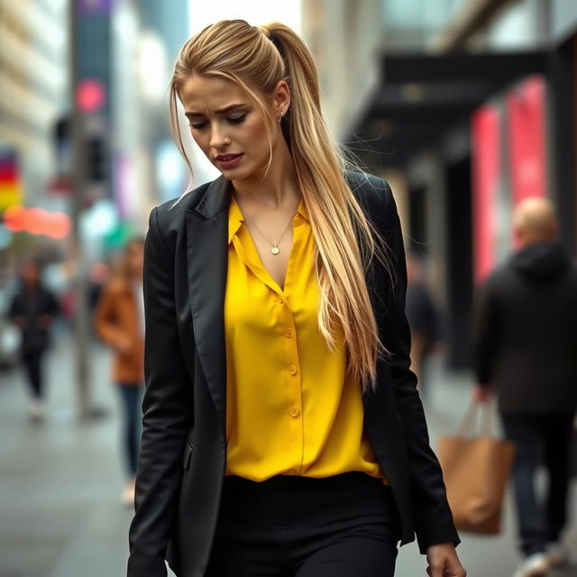 A pretty woman walking down a city street, with long blonde hair pulled back in a ponytail flowing behind her