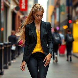 A pretty woman walking down a city street, with long blonde hair pulled back in a ponytail flowing behind her