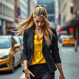 A pretty woman walking down a city street, with long blonde hair pulled back in a ponytail flowing behind her