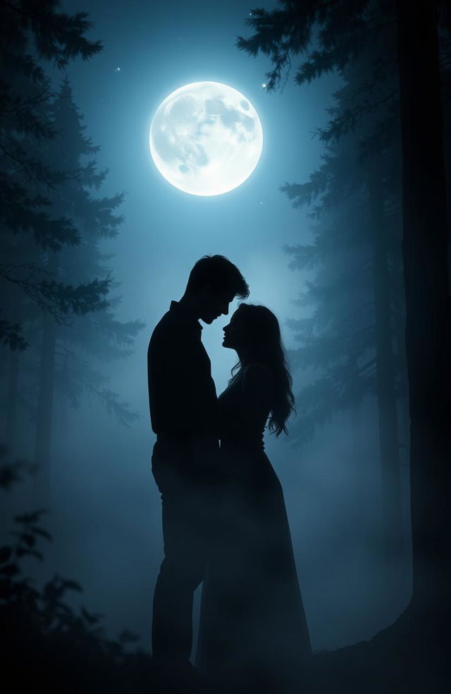 A romantic scene set in a foggy, moonlit forest, depicting a mysterious love story