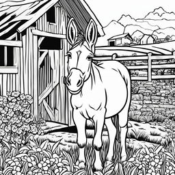 Black and white colouring book page featuring intricately detailed happy donkey on a farm, with a barn in the background.