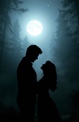 A romantic scene set in a foggy, moonlit forest, depicting a mysterious love story