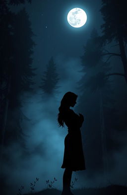 A romantic scene set in a foggy, moonlit forest, depicting a mysterious love story