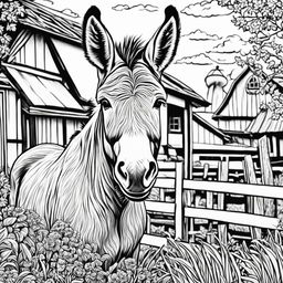 Black and white colouring book page featuring intricately detailed happy donkey on a farm, with a barn in the background.