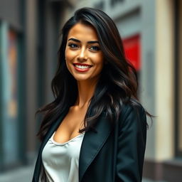 A 25-year-old woman with dark hair and a European appearance, dressed stylishly in modern clothing, exuding elegance and confidence