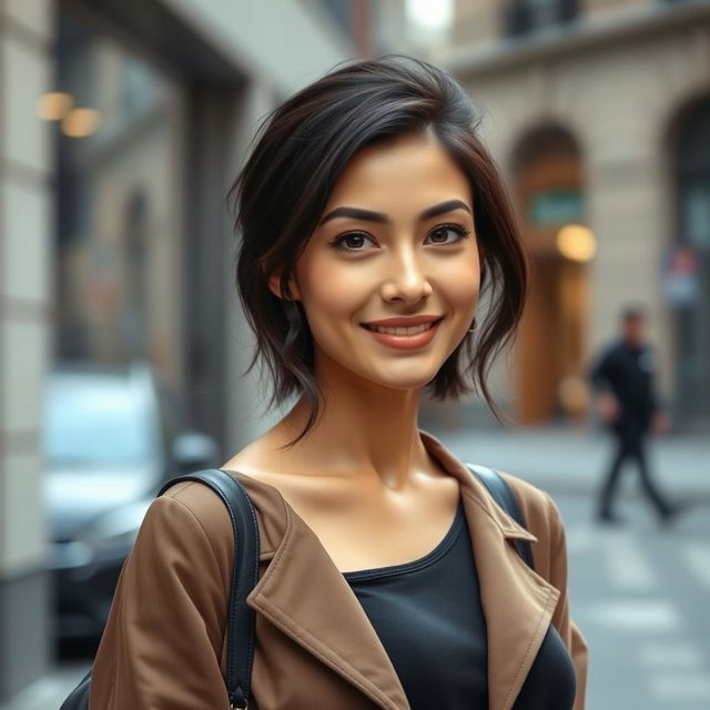 A 25-year-old woman with dark hair and a European appearance, dressed stylishly in modern clothing, exuding elegance and confidence