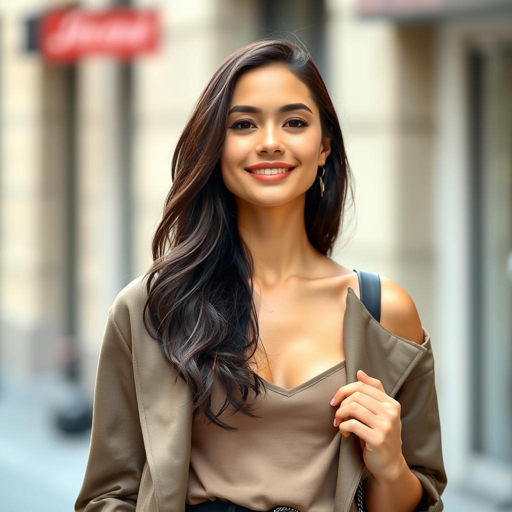 A 25-year-old woman with dark hair and a European appearance, dressed stylishly in modern clothing, exuding elegance and confidence