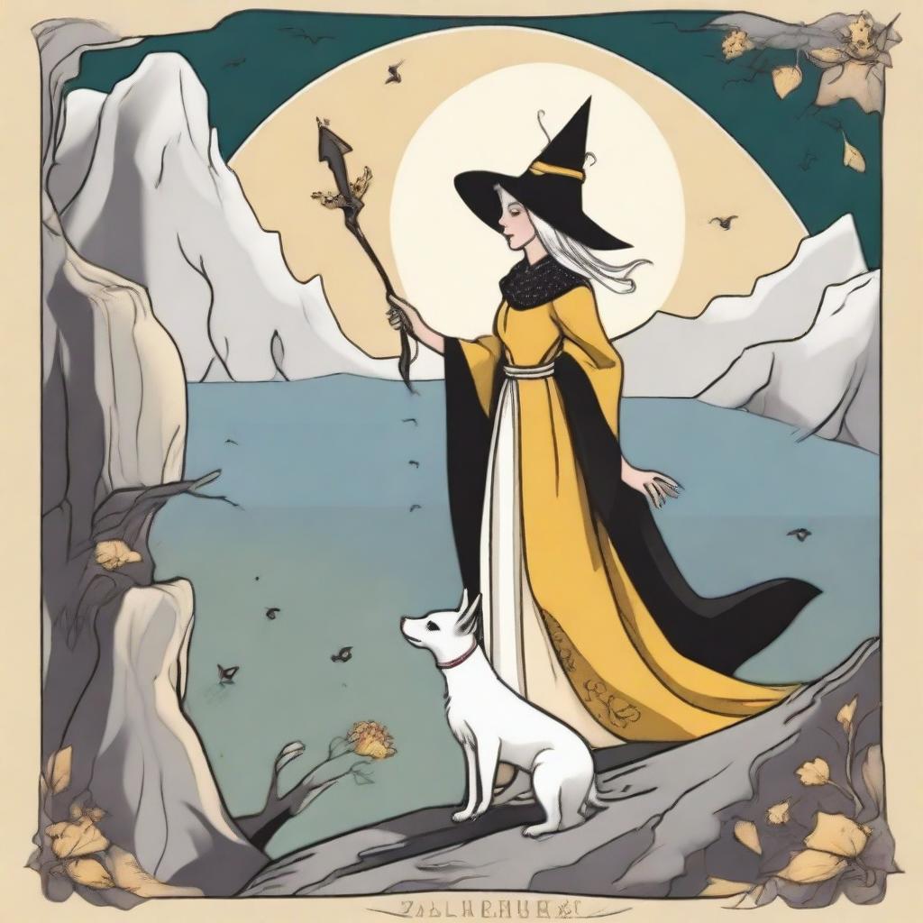 A dreamy interpretation of The Fool Tarot card featuring a cheerful witch standing at the edge of a cliff and a small white dog at her feet, ready to embark on an enchanting journey into the mystical beyond