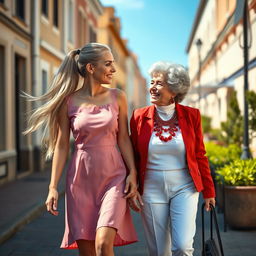 A scene of a pretty woman walking down a sunny street, with long blonde hair styled in a ponytail flowing behind her