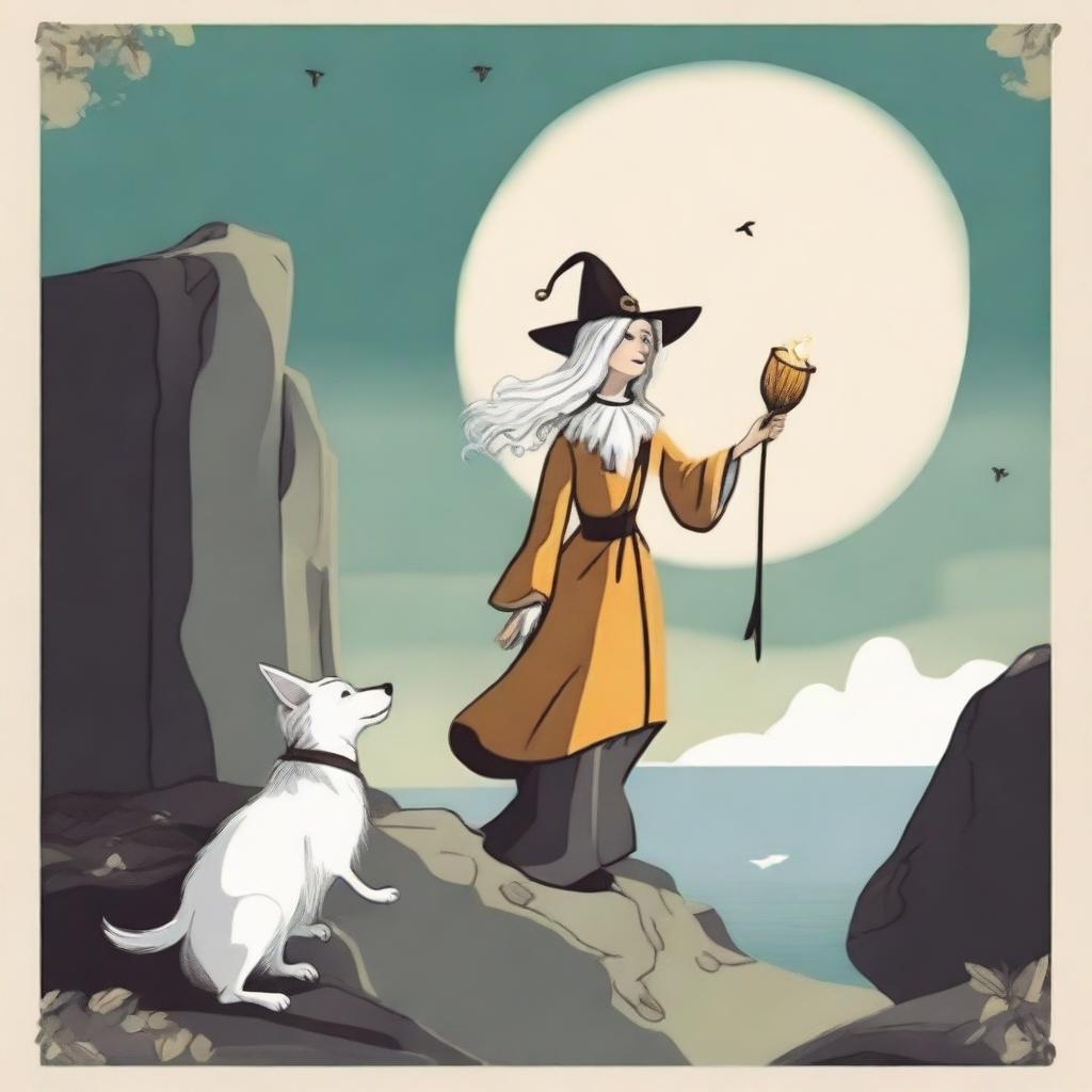 A dreamy interpretation of The Fool Tarot card featuring a cheerful witch standing at the edge of a cliff and a small white dog at her feet, ready to embark on an enchanting journey into the mystical beyond