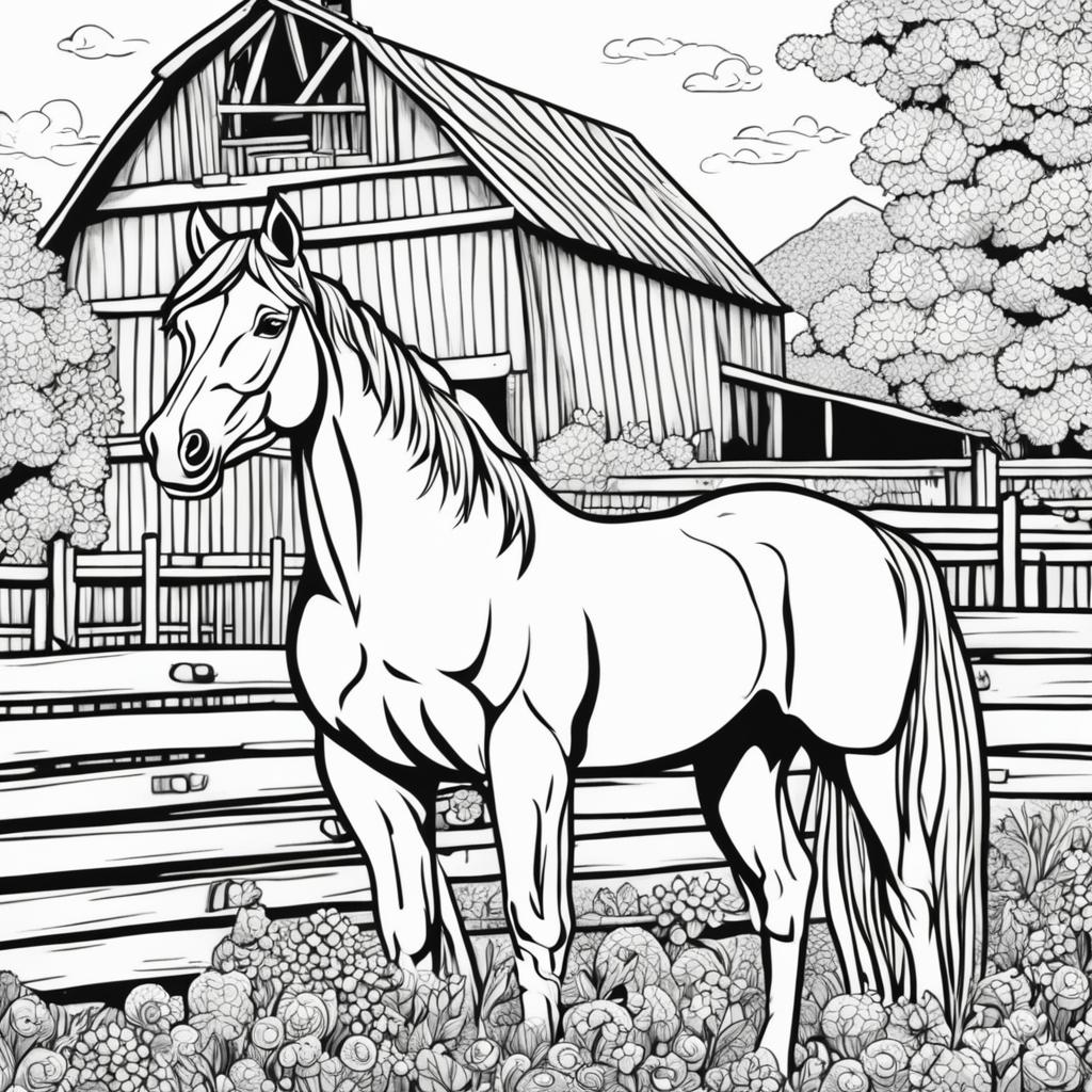 Black and white colouring book page featuring intricately detailed happy horse on a farm, with a barn in the background.