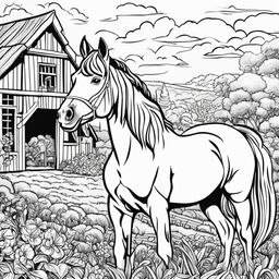 Black and white colouring book page featuring intricately detailed happy horse on a farm, with a barn in the background.