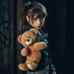 An intense scene featuring a girl hitman wearing stylish black Doc Martens, exuding a tough yet confident aura