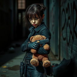 An intense scene featuring a girl hitman wearing stylish black Doc Martens, exuding a tough yet confident aura