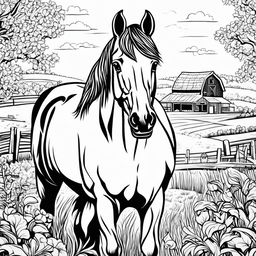 Black and white colouring book page featuring intricately detailed happy horse on a farm, with a barn in the background.