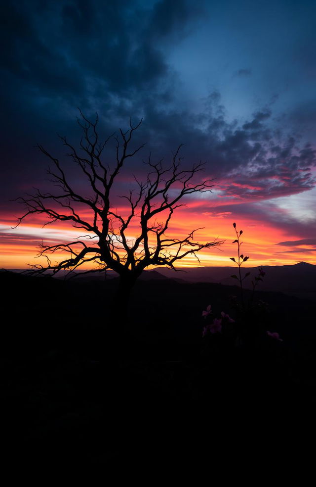 A stunning landscape symbolizing the themes of death and rebirth, featuring a dramatic, twilight sky transitioning from dark blues to vibrant oranges and pinks of dawn