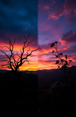 A stunning landscape symbolizing the themes of death and rebirth, featuring a dramatic, twilight sky transitioning from dark blues to vibrant oranges and pinks of dawn