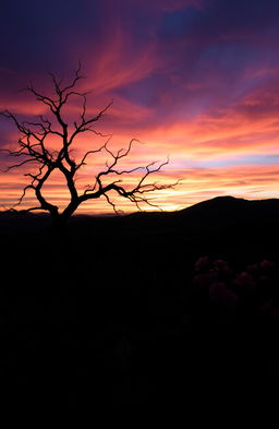 A stunning landscape symbolizing the themes of death and rebirth, featuring a dramatic, twilight sky transitioning from dark blues to vibrant oranges and pinks of dawn