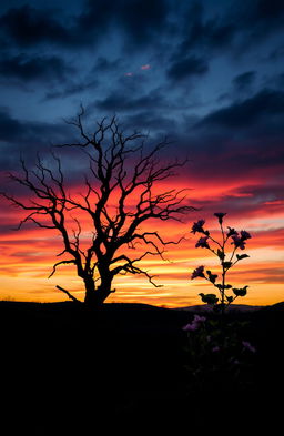 A stunning landscape symbolizing the themes of death and rebirth, featuring a dramatic, twilight sky transitioning from dark blues to vibrant oranges and pinks of dawn