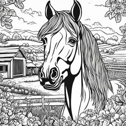 Black and white colouring book page featuring intricately detailed happy horse on a farm, with a barn in the background.