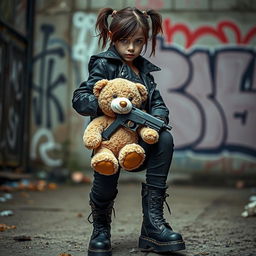 A fierce girl hitman, showcasing a tough exterior while wearing stylish black Doc Martens
