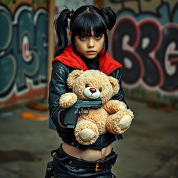 A fierce girl hitman, showcasing a tough exterior while wearing stylish black Doc Martens