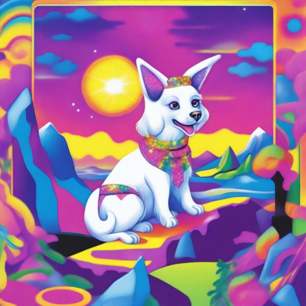 The Fool Tarot card interpreted in the vibrantly colorful and sparkly style of Lisa Frank