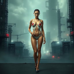 A thin girl with round, enhanced breasts, positioned at the center of the image in a full body view, wearing a tight thin white transparent latex thong leotard that has an artistic bloody effect, complemented by stylish high heel shoes