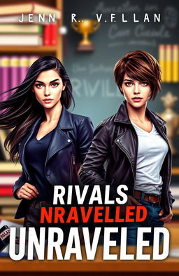 A dynamic book cover for 'Rivals Unraveled', featuring two strong female protagonists