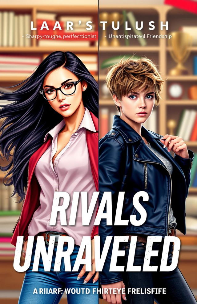 A dynamic book cover for 'Rivals Unraveled', featuring two strong female protagonists