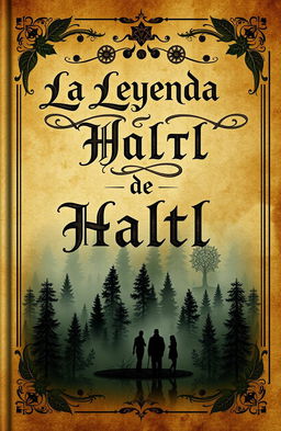 A creative book cover titled 'La Leyenda de Haltl', featuring an ancient style with intricate details