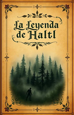 A creative book cover titled 'La Leyenda de Haltl', featuring an ancient style with intricate details
