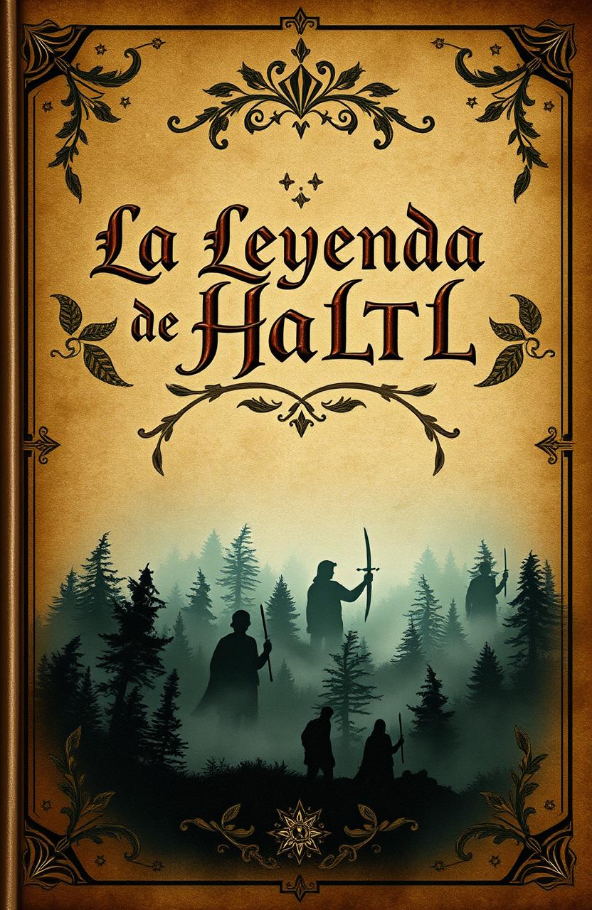 A creative book cover titled 'La Leyenda de Haltl', featuring an ancient style with intricate details