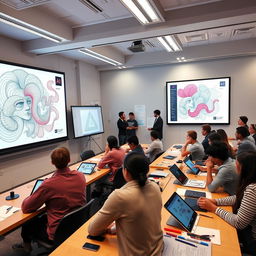 An advanced graphic design workshop scene in a modern classroom setting, featuring diverse designers focused on mastering Adobe Illustrator