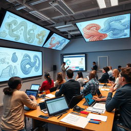 An advanced graphic design workshop scene in a modern classroom setting, featuring diverse designers focused on mastering Adobe Illustrator