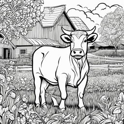 Black and white colouring book page featuring intricately detailed happy ox on a farm, with a barn in the background.