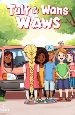 A vibrant cover illustration featuring two minivans parked in an outdoor setting