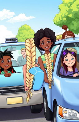 A vibrant cover illustration featuring two minivans parked in an outdoor setting