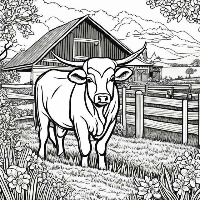 Black and white colouring book page featuring intricately detailed happy ox on a farm, with a barn in the background.