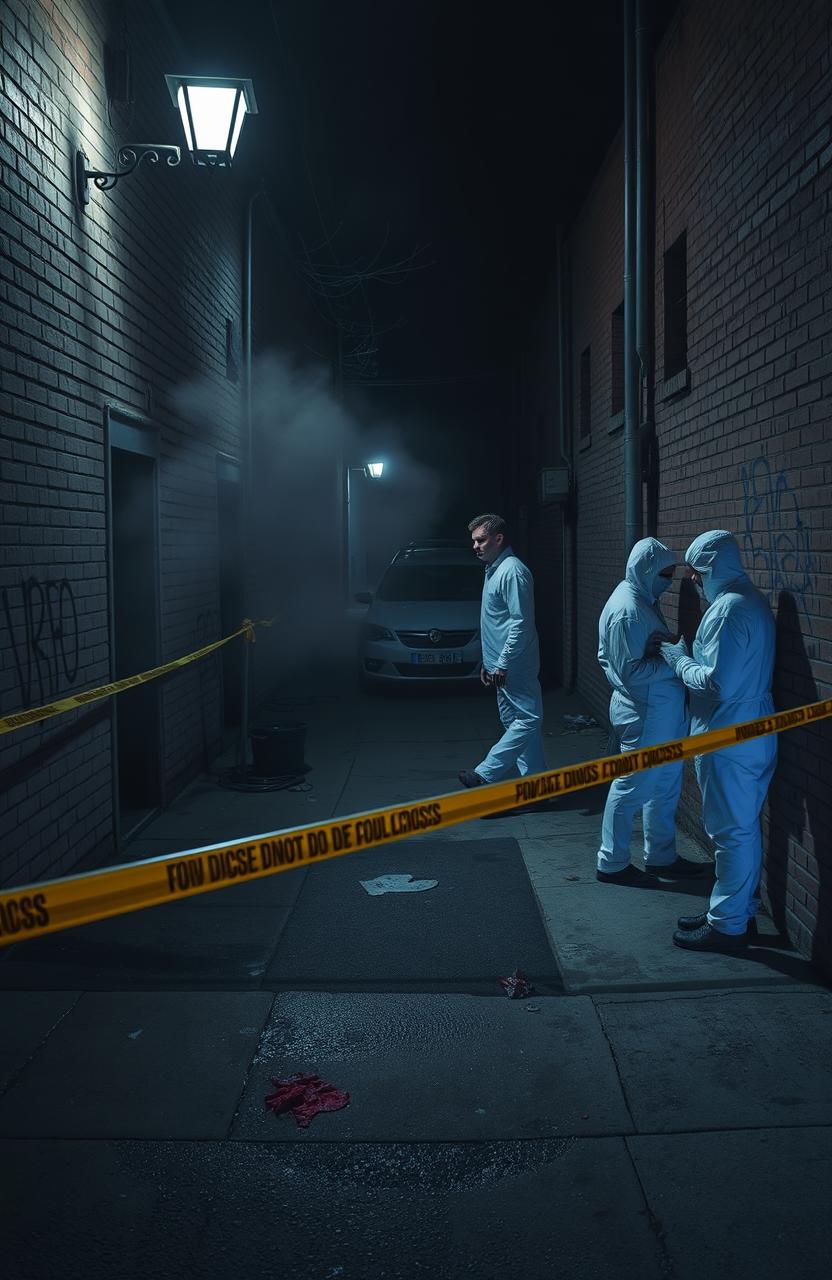 A detailed crime scene investigation setup, featuring a dimly lit urban alley at night