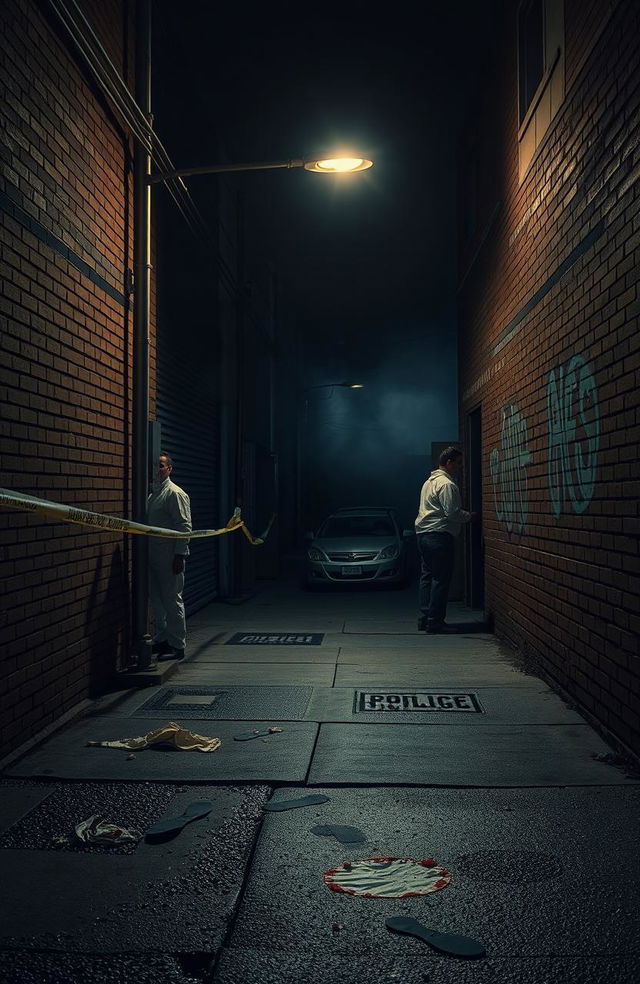 A detailed crime scene investigation setup, featuring a dimly lit urban alley at night