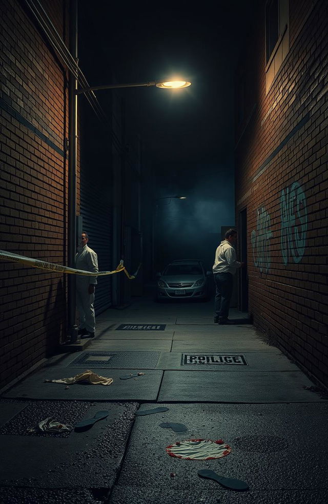 A detailed crime scene investigation setup, featuring a dimly lit urban alley at night