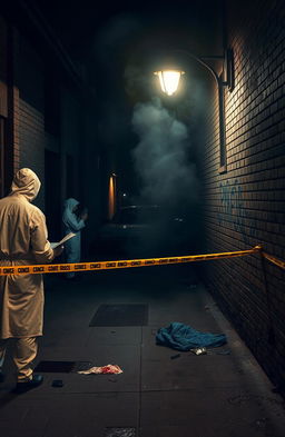 A detailed crime scene investigation setup, featuring a dimly lit urban alley at night