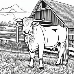 Black and white colouring book page featuring intricately detailed happy ox on a farm, with a barn in the background.