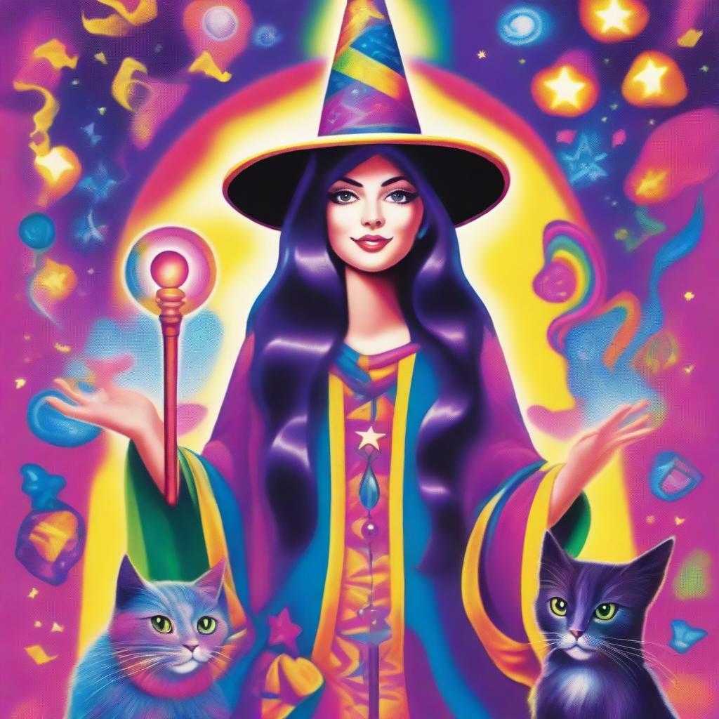 The Magician Tarot card portrayed in Lisa Frank's vibrant style, featuring a joyful witch as the main character