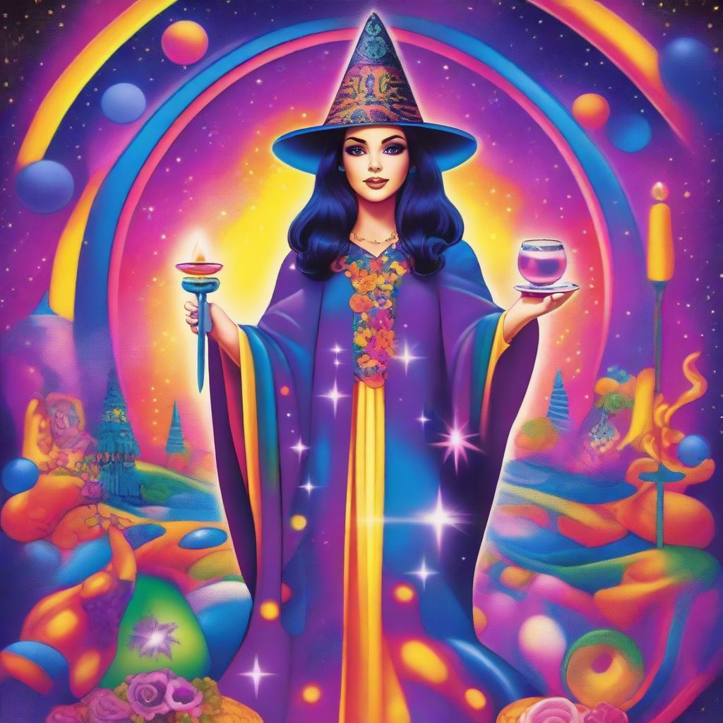 The Magician Tarot card portrayed in Lisa Frank's vibrant style, featuring a joyful witch as the main character