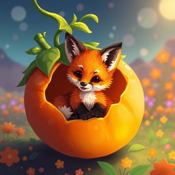 A cute little fox cub sitting inside a vibrant physalis fruit, surrounded by a soft glow and pixel art style, showcasing detailed pixelated textures that capture the warmth and charm of the scene